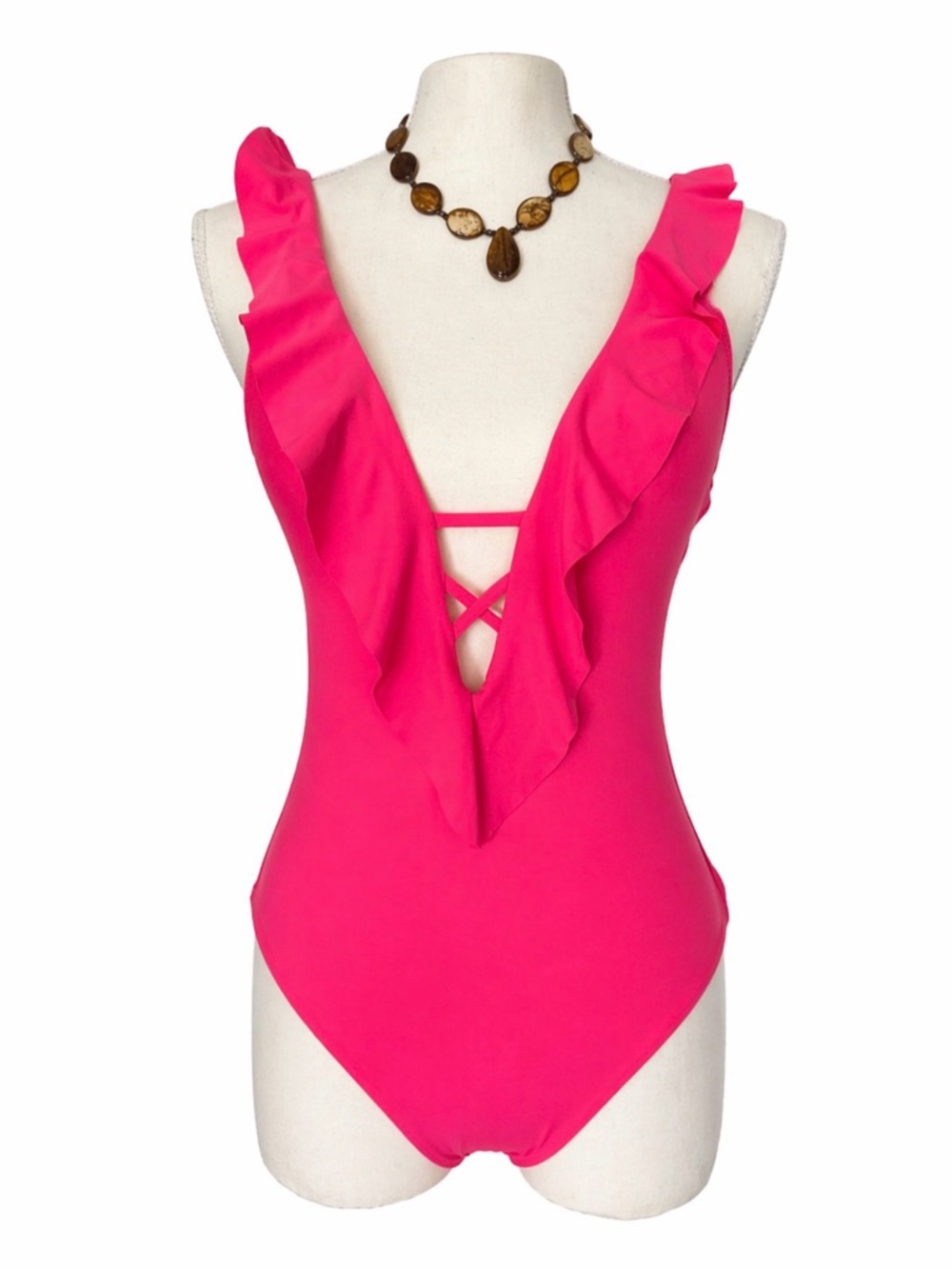 BECCA Bright Pink Ruffled One-Piece Swimsuit